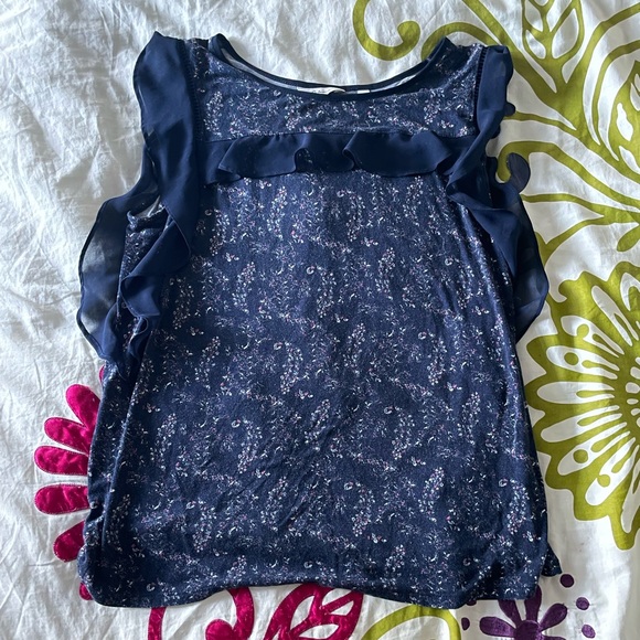 NAVY BLUE TANK TOP WITH FLORAL PRINT AND SILK RUFFLES SIZE M - Picture 1 of 4